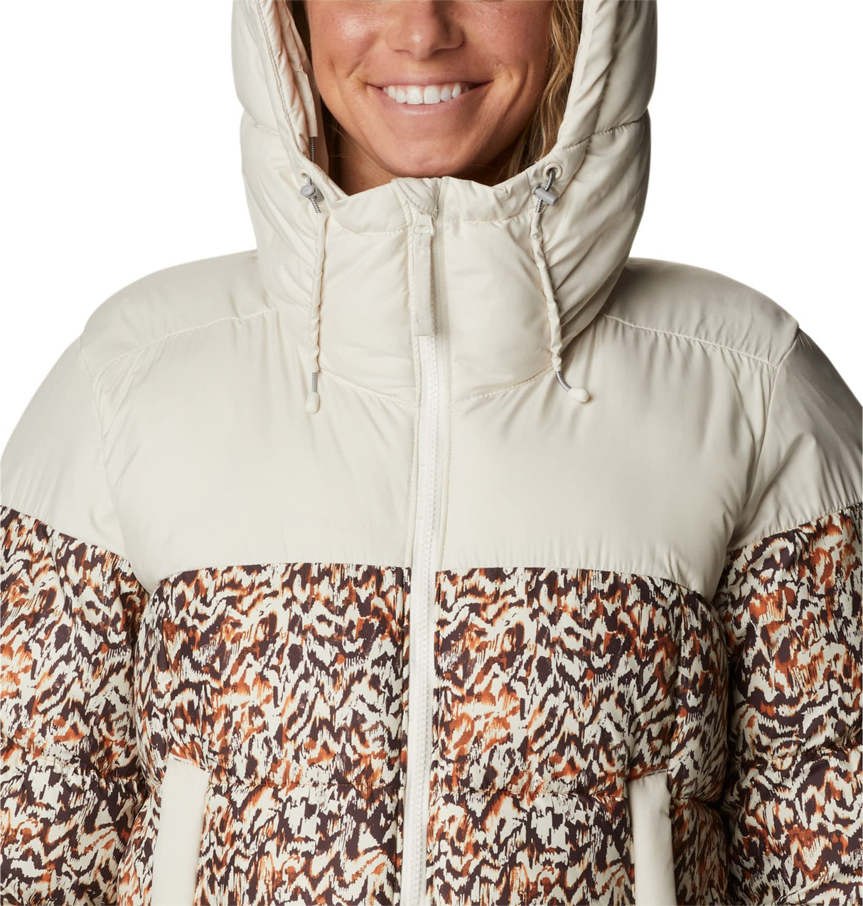 Columbia Pike Lake 2 Hooded Insulated Jacket, Chaqueta Acolchada Con Capucha para Mujer, Chalk/Warm Copper Terrain Print, Talla L