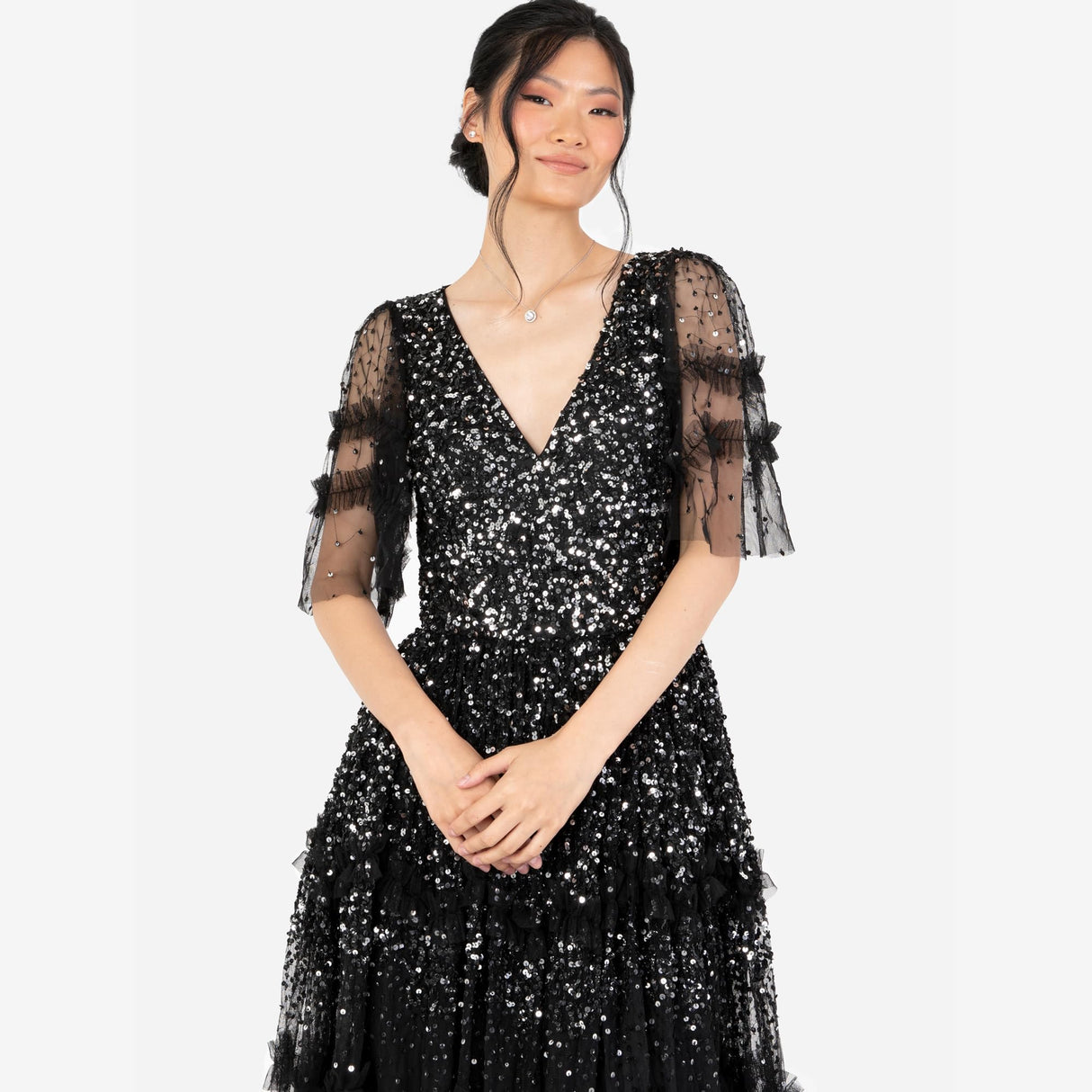 Maya Deluxe Women's Maxi Dress Ladies V-Neck Sequin Embellished Ruffle Detail for Wedding Guest Bridesmaid Prom Occasion Ball Gown Vestidos, Negro, 46 para Mujer