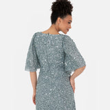 Maya Deluxe Women's Ladies Maxi Dress V-Neck Short Angel Sleeve Sequin Embellished A-Line Bridesmaid Wedding Guest Prom Ball Gown Vestido, Misty Green, 36 De Las Mujeres