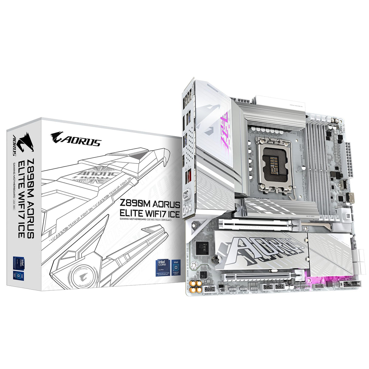 GIGABYTE Placa Base Z890M AORUS Elite WIFI7 Ice - Compatible con procesadores Intel Core Ultra (Serie 2), 12+1+2 Fases VRM, hasta 8800MHz DDR5 (OC), 1xPCIe 5.0 + 2xPCIe 4.0, Wi-Fi 7, Thunderbolt 4