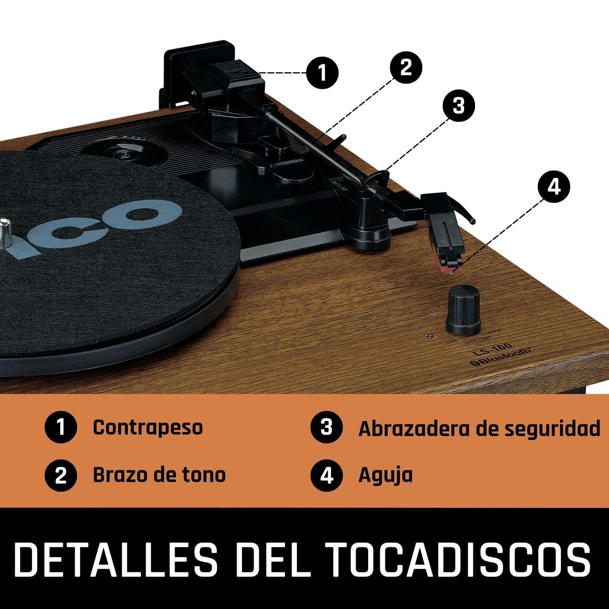 Lenco LS-100 Tocadiscos hi-fi - con Bluetooth 5.0 - Altavoz Externo - 2 x 10 w rms - transmisión por Correa - Apagado automático - Madera