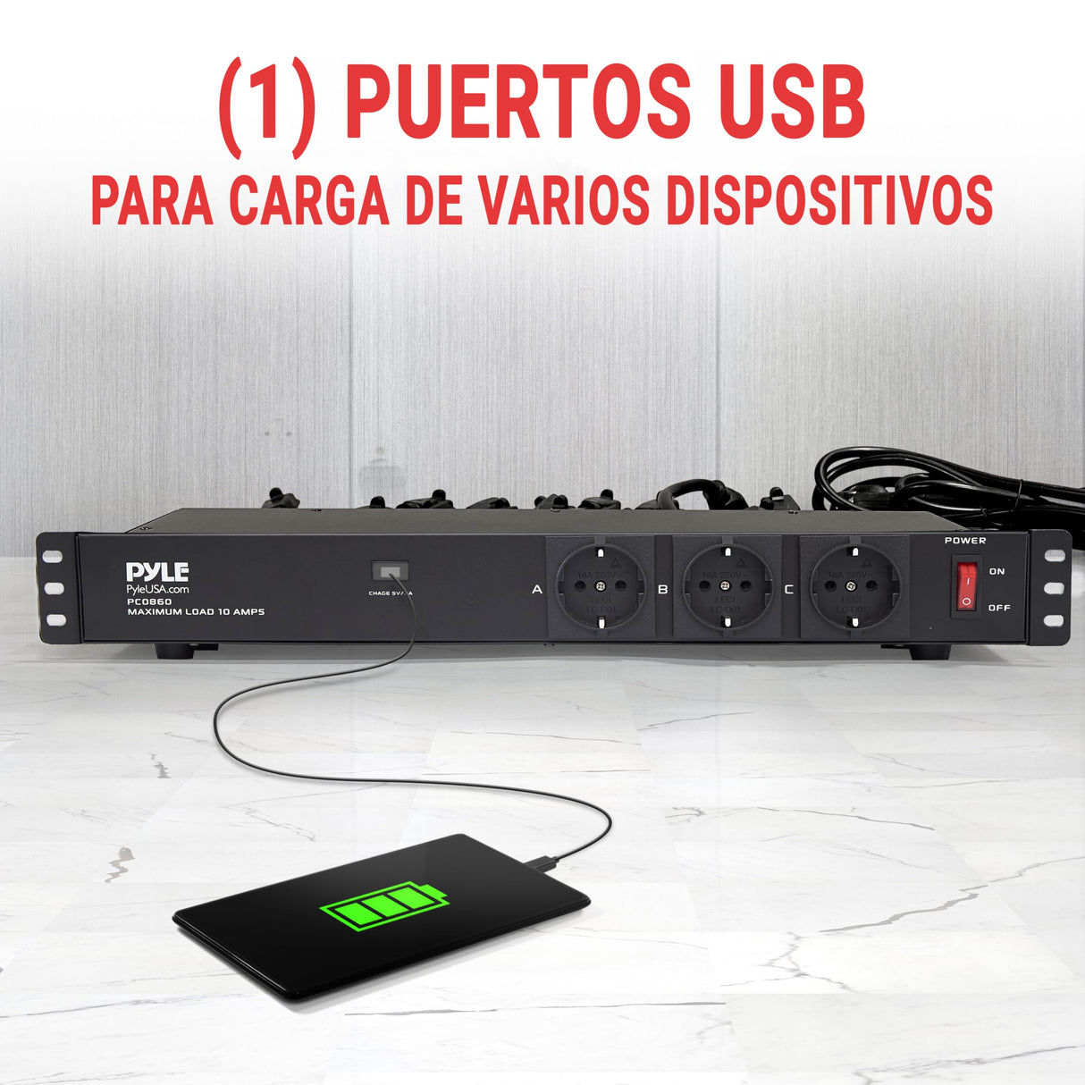 Pyle 19” Outlet 1U, PDU de montaje en rack, Fuente de distribucion de energia, Protector contra sobretensiones, Disyuntor de 15 amperios, Puerto de carga para multiples dispositivos USB, Cable de 15ft