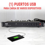Pyle 19” Outlet 1U, PDU de montaje en rack, Fuente de distribucion de energia, Protector contra sobretensiones, Disyuntor de 15 amperios, Puerto de carga para multiples dispositivos USB, Cable de 15ft
