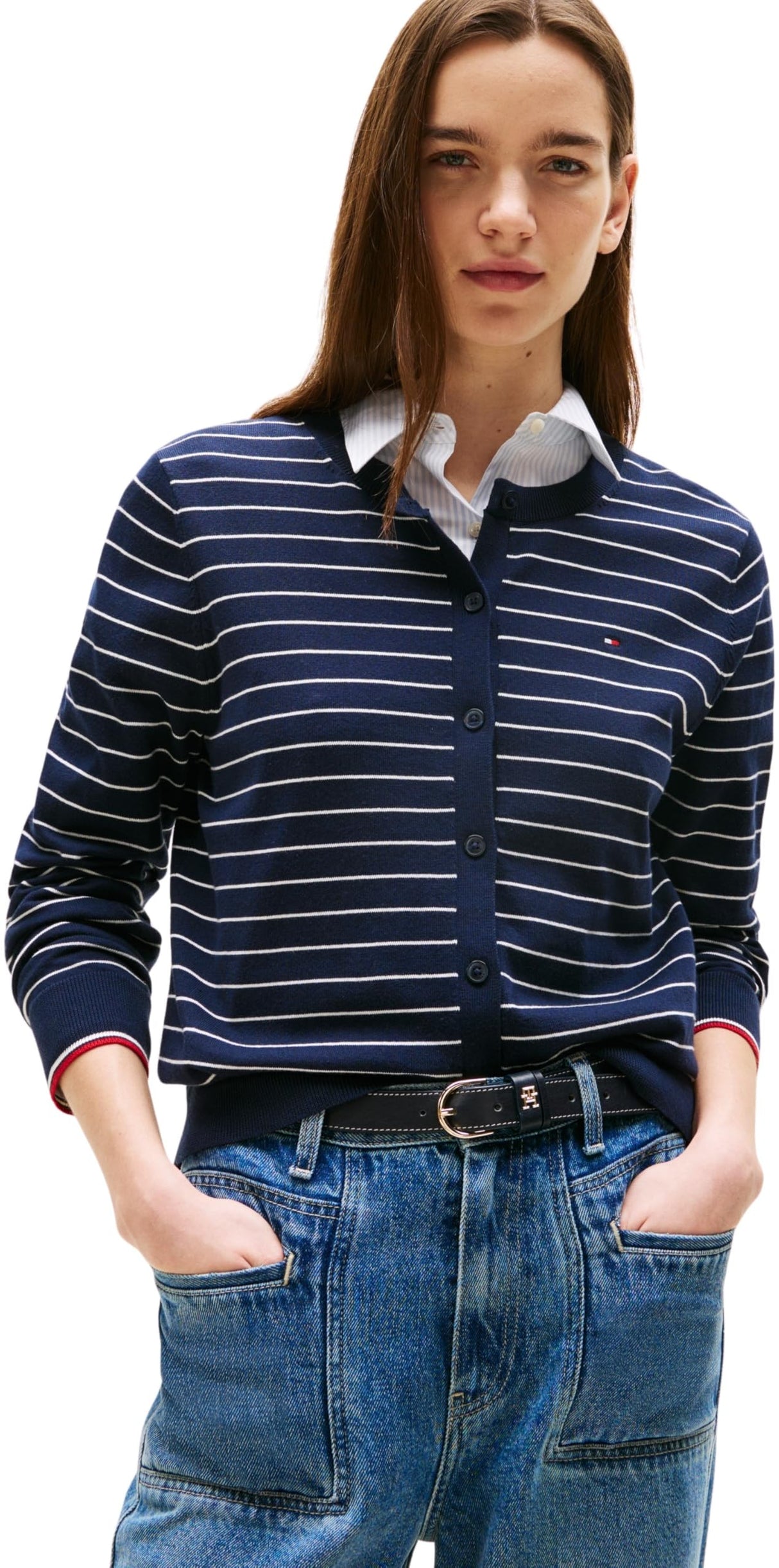 Tommy Hilfiger Cárdigan Jersey Stitch Cardigan elegante, Multicolor (Dark Night Navy/ Ivory Silk Stp Gs), L