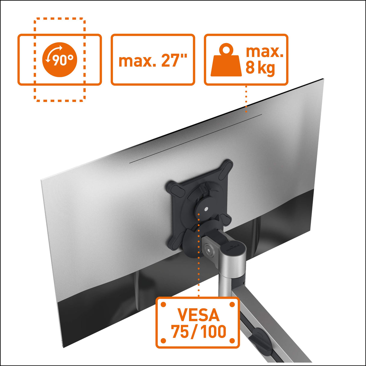 Durable Soporte de mesa Pro para 1 monitor de 21-27" y 1 tableta de 7-13", con paso de mesa, giratorio en 360°, inclinable, ajustable en altura, 508823, plata