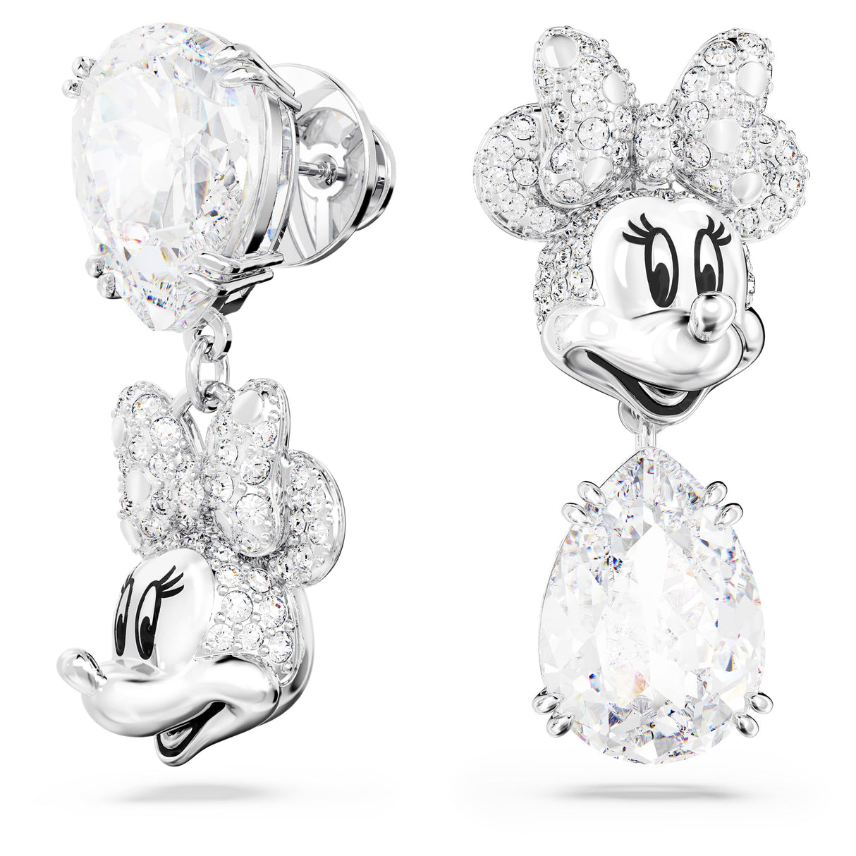 Swarovski Disney100 Pendientes Disney Minnie Mouse, Diseño asimétrico, Cristales Blancos, Baño de Rodio