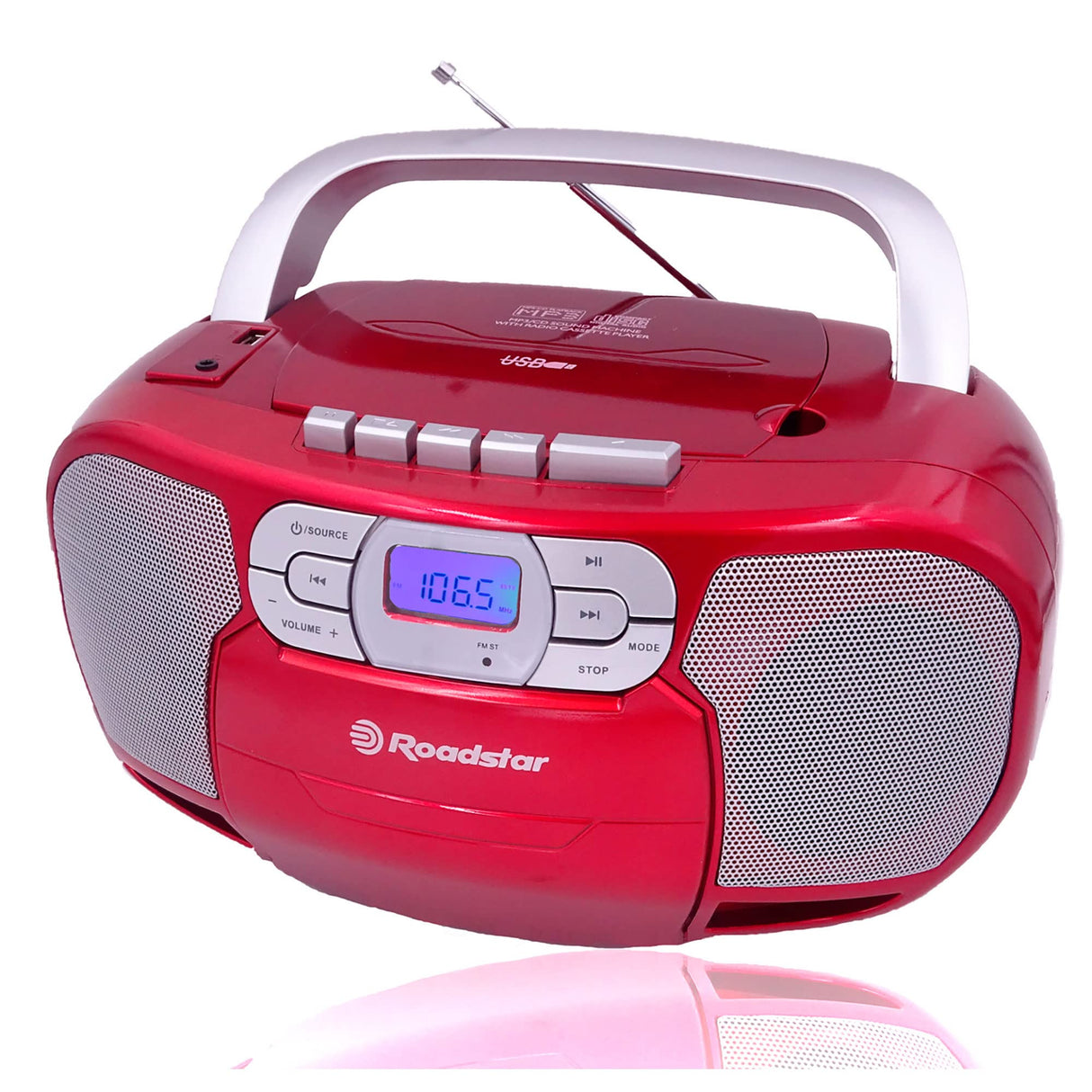 Roadstar RCR-4635UMP/RD Radio CD Portátil Cassette, Radio Digital PLL FM, Boombox Reproductor CD-MP3, USB, AUX-IN, Salida de Auriculares, Rojo
