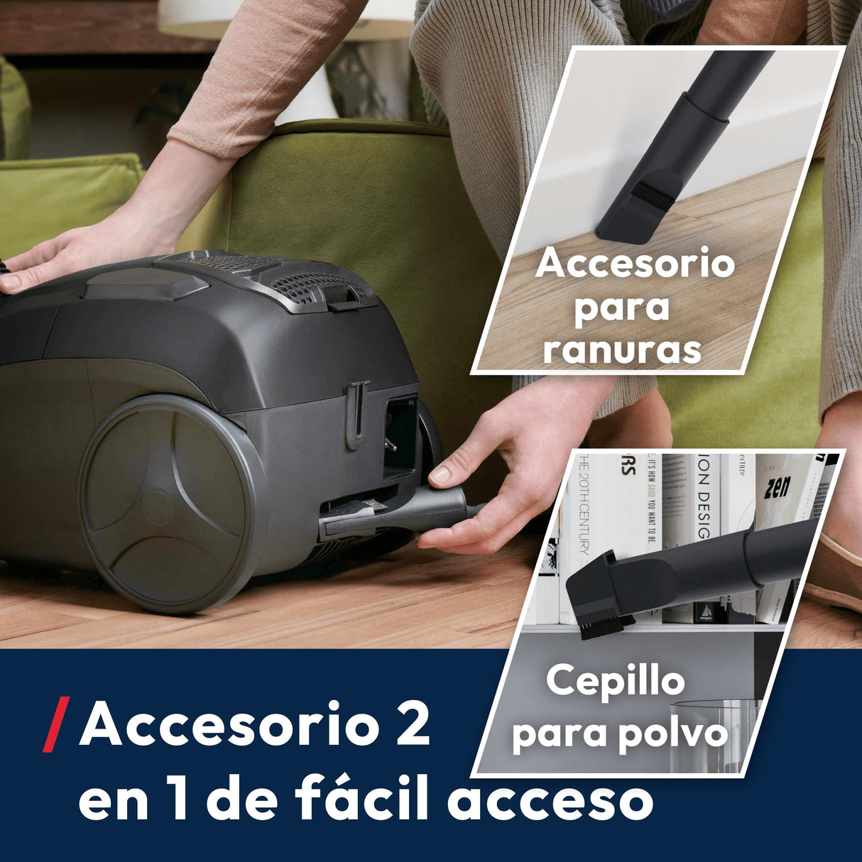 Hoover HE1 Compact – Aspirador con Bolsa para Suelos Duros y alfombras, con Cable, Filtro EPA, Bolsa de 2,5L, Accesorios Integrados y Radio de acción de 7,5 m [HEZ107HM]