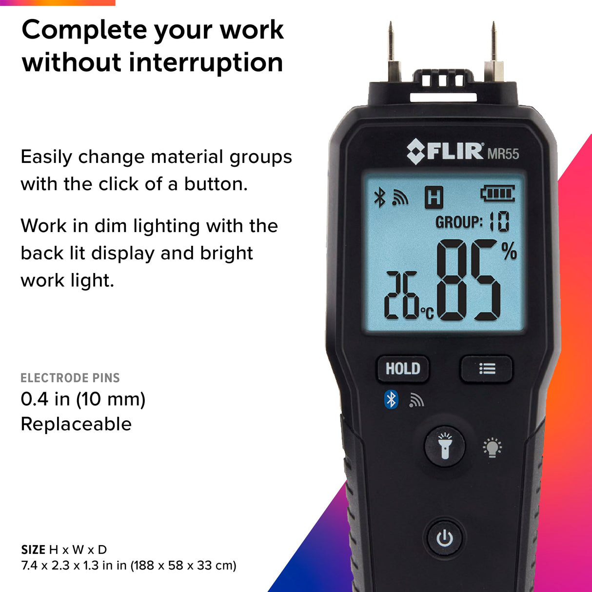 FLIR MR55 - Pin Moisture Meter with Bluetooth for Instant Data Sharing via the FLIR Tools® Mobile app.