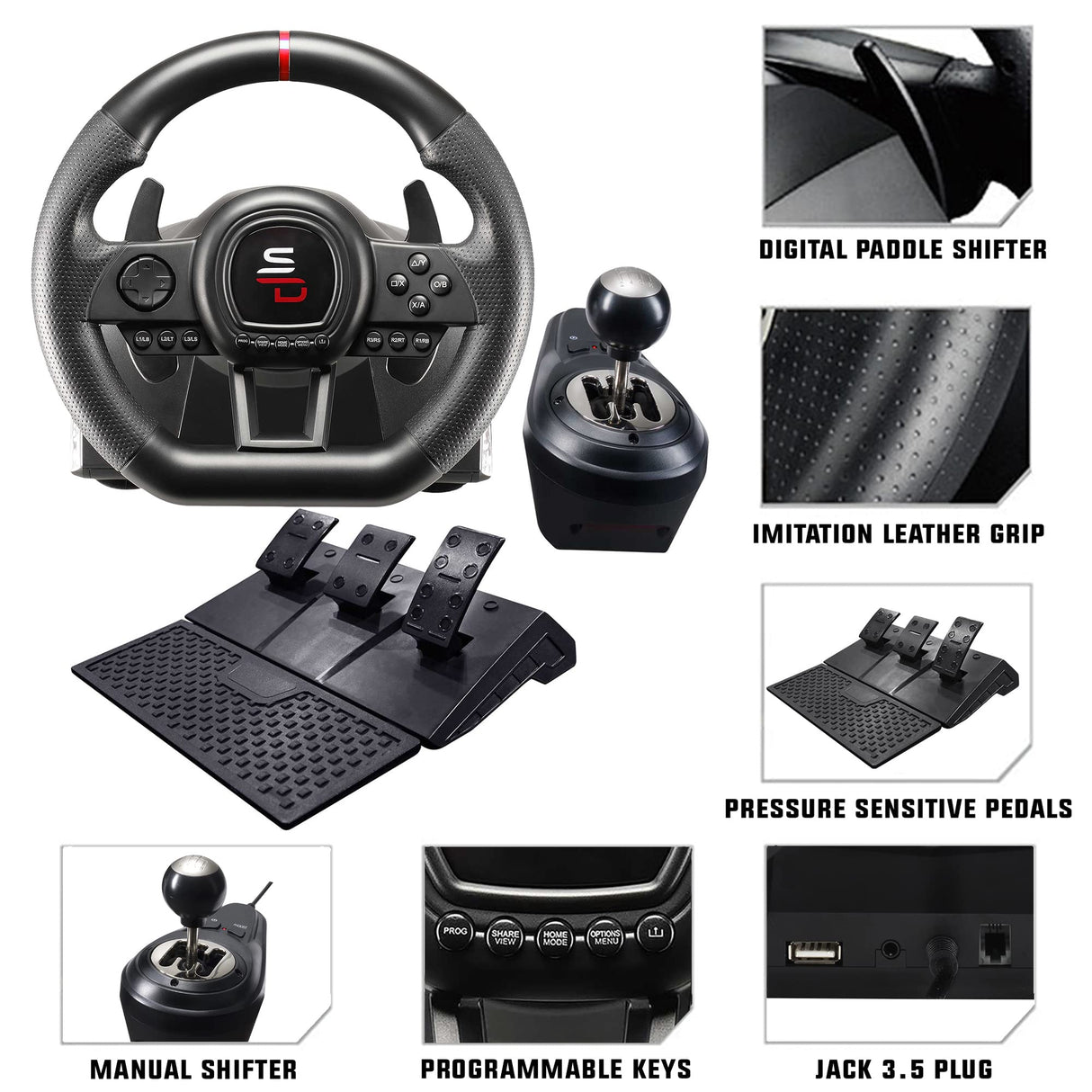 Subsonic Volante de carreras Superdrive GS650X con cambio manual, 3 pedales y levas de cambio para Xbox Serie X/S, PS4, Xbox One (programable)