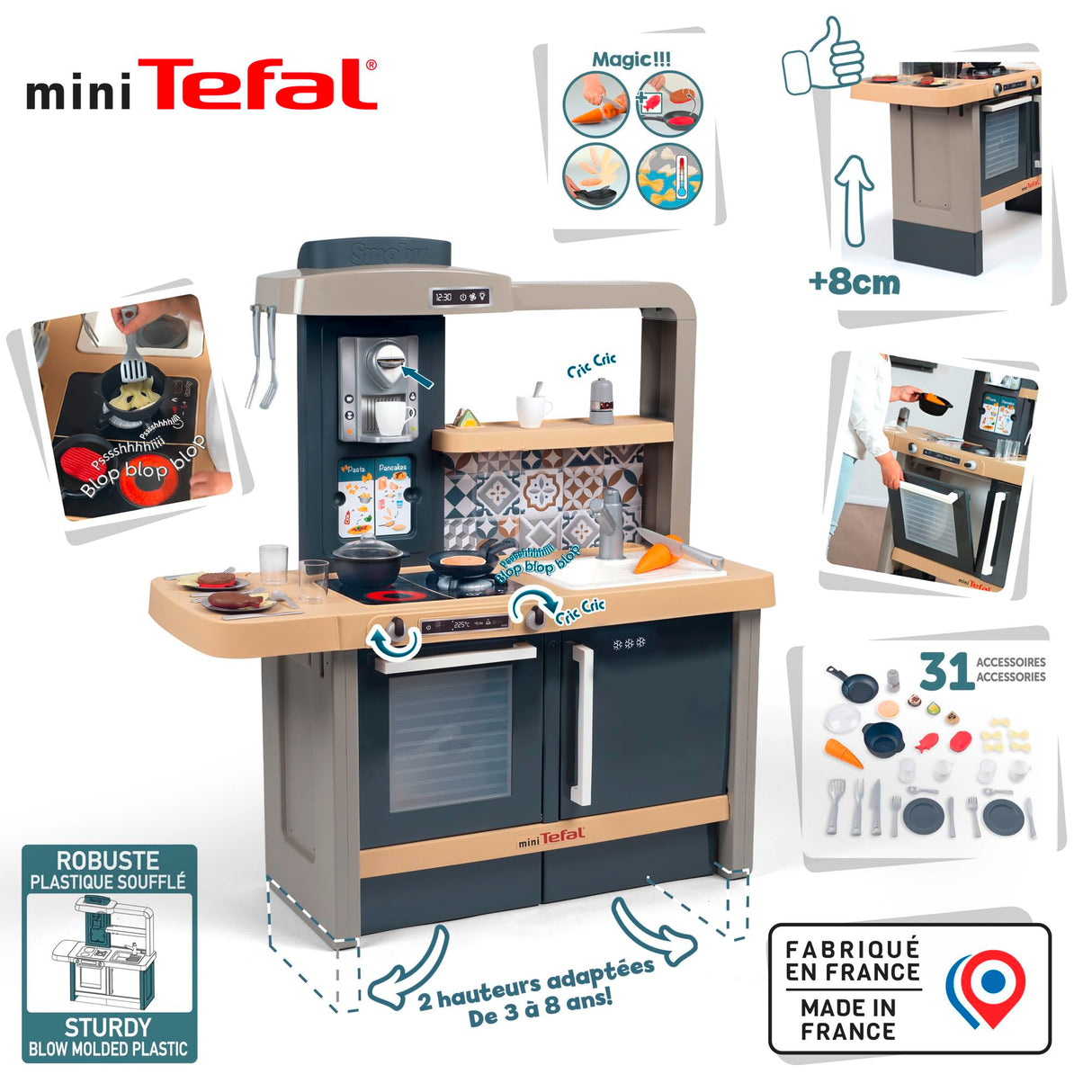 Smoby- Cocina Infantil Evolutiva con Sonidos, Encimera Elevable hasta 8cm Extra, 31 Accesorios, 4 Electrodomésticos, Juguete Niños Niñas A Partir de 3 años (7600312308)