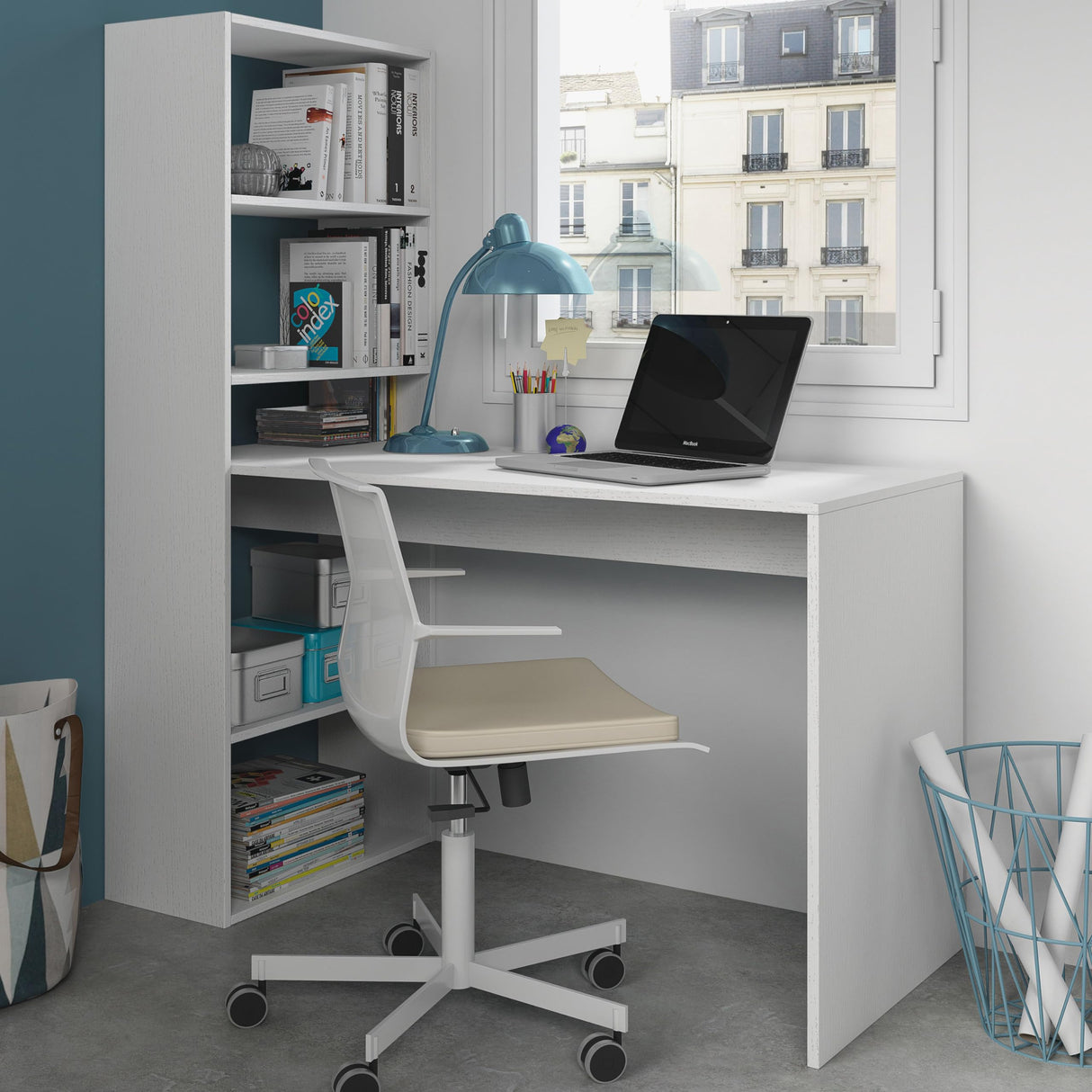 Habitdesign Mesa de Ordenador, Escritorio con Estanteria Reversible, Blanco Artik, Modelo Duplo, Medidas: 120 cm (Ancho) x 53 cm (Fondo) x 144 cm (Alto)