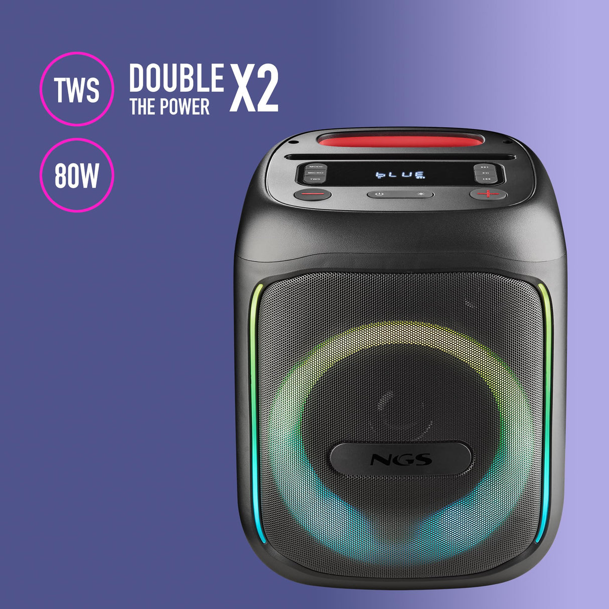 NGS Wild Swag Go - Altavoz Portátil, Compatible con la Tecnología Bluetooth 5.0, True Wireless Stereo, Luces y Pantalla LED, Entrada USB, Audio TF y Auxiliar, 24 x 23 x 30 cm, 80 W, Color Negro