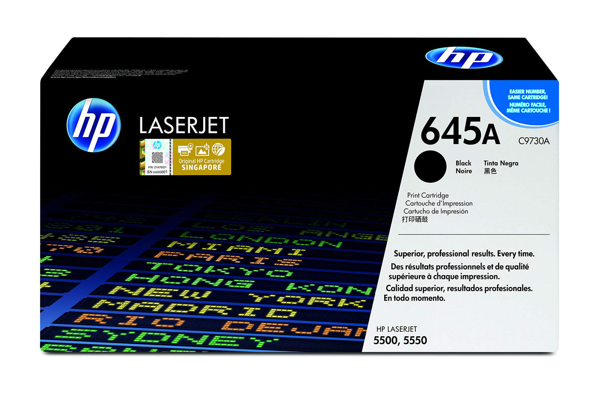 HP 645A C9730A Negro, Cartucho Tóner Original, de 12.000 páginas, para impresoras HP Color LaserJet 5550n, 5500, 5500dn, 5500dtn, 5500hdn, 5500n y 5000dn