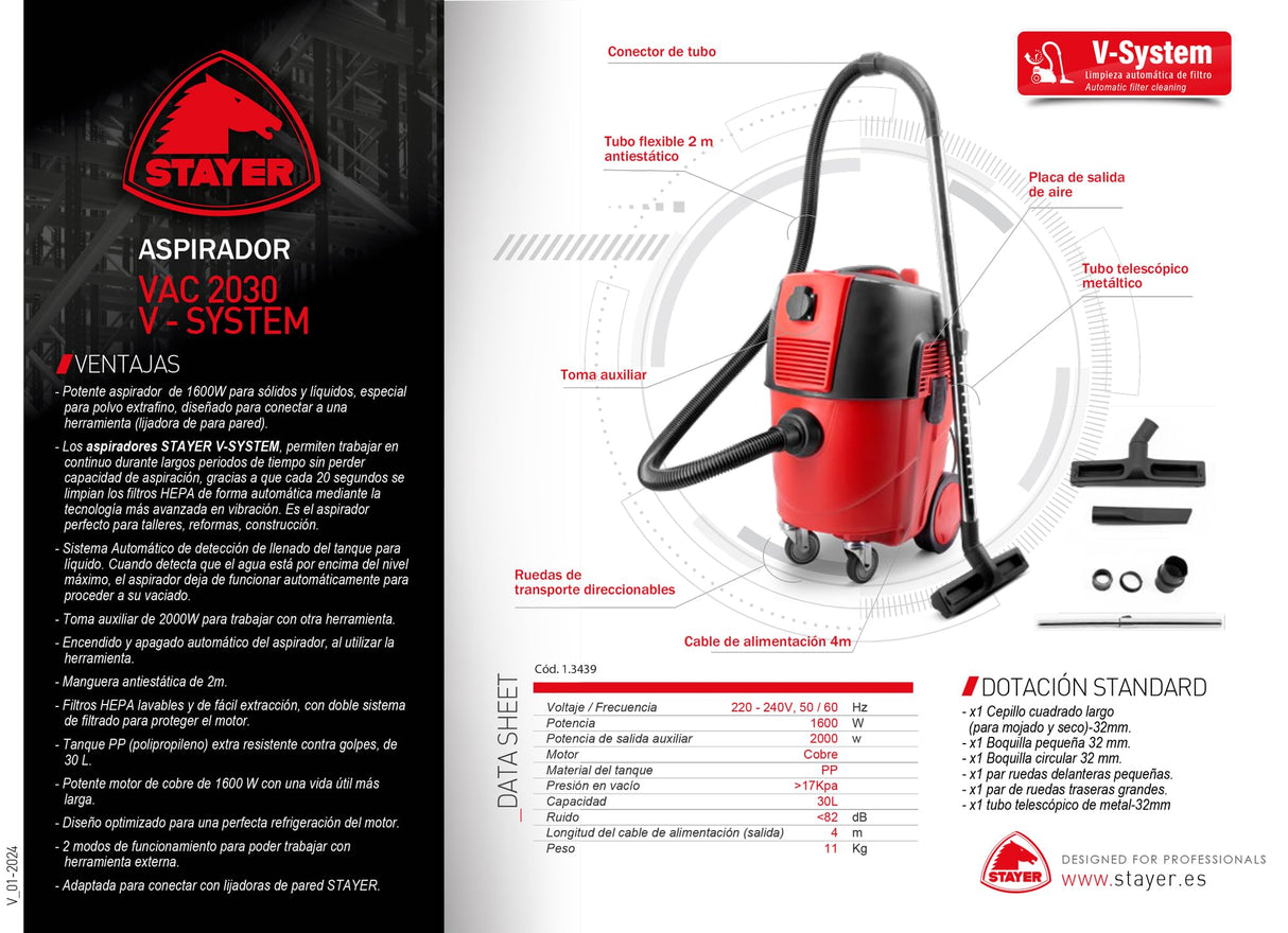 Potente Aspirador de 1600W para sólidos y líquidos, Especial para Polvo extrafino, diseñado para conectar a una Herramienta (lijadora de para Pared). Vac 2030 V - System