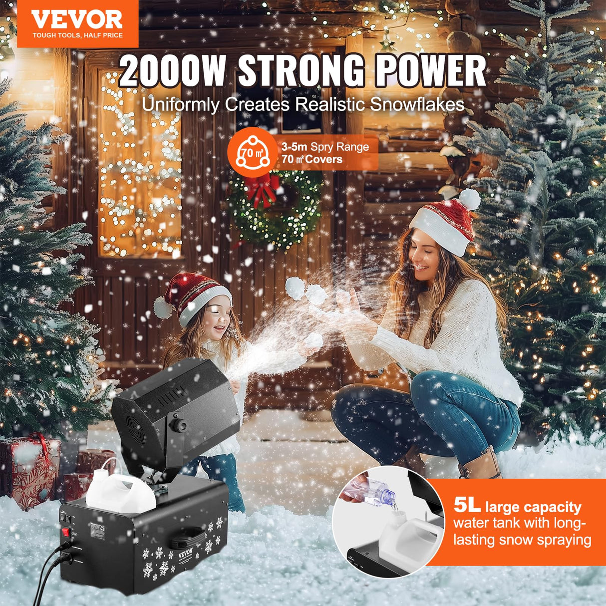 VEVOR 2000 W Máquina de Fabricar Nieve de 450 x 27 x 300 mm Máquina para Hacer Copos de Nieve con Control Remoto Inalámbrico y Cable, Tanque de 5 L para Interiores para Fiestas Navideñas, Bodas