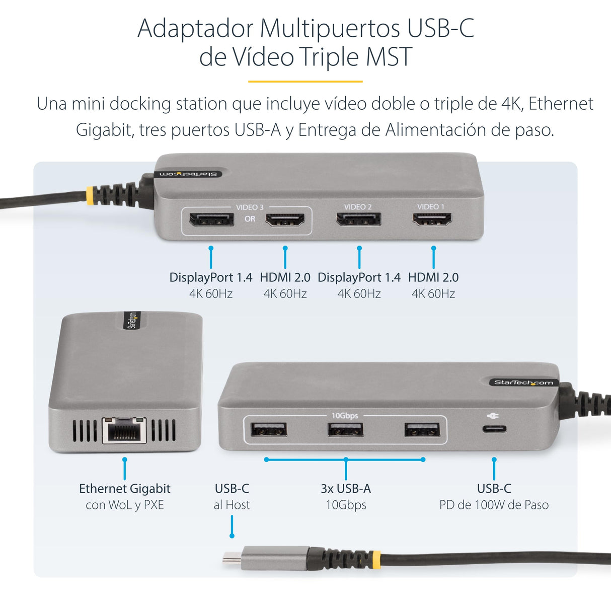 StarTech.com Adaptador Multipuertos USB-C para 3 Monitores - 4K 60Hz Doble + HDMI y DisplayPort 4K 30Hz - Hub USB de 3 Puertos - PD 100W - Docking Station de Viajes - Win/Chrome (117B-USBC-MULTIPORT)