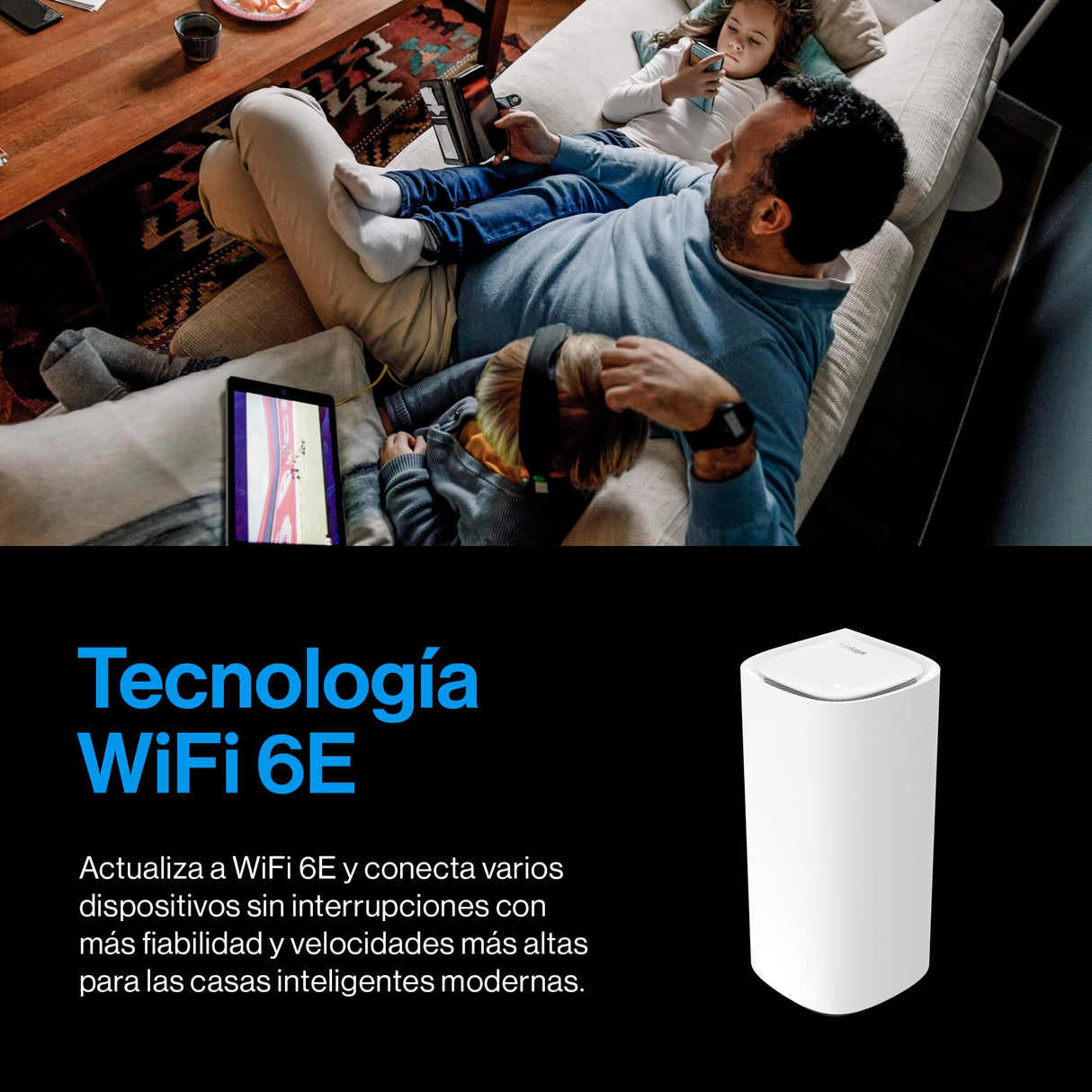 Linksys Velop Pro WiFi 6E Mesh System MX6201-KE Router Cognitive Mesh con Banda de 6 GHz y 5.4 GB/s, Cobertura para Casas de hasta 275 m² y 200 Dispositivos, Paquete de 1 Unidad