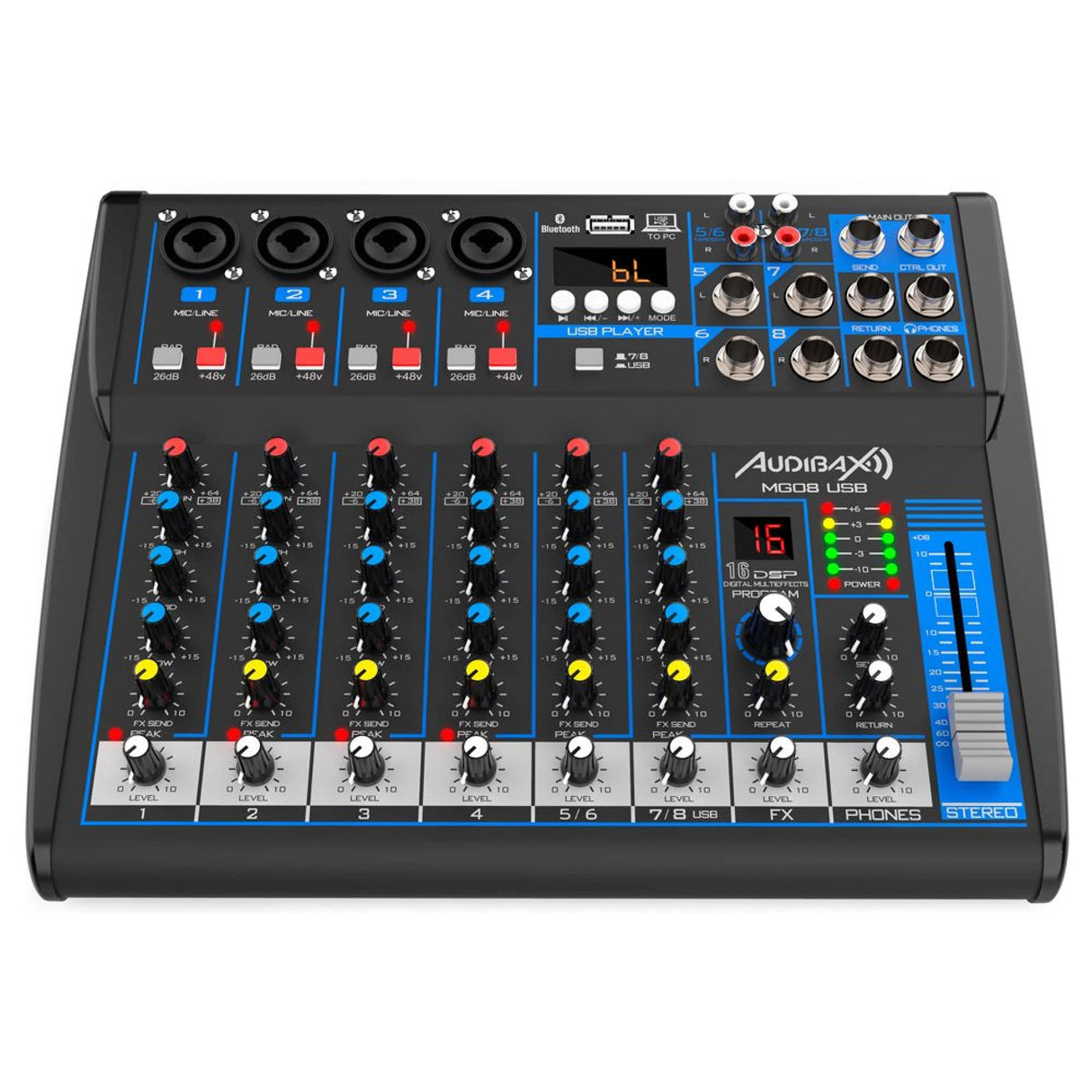Audibax MG08 USB Mesa Mezclas 8 Canales con Bluetooth, MP3, USB Rec y Efectos