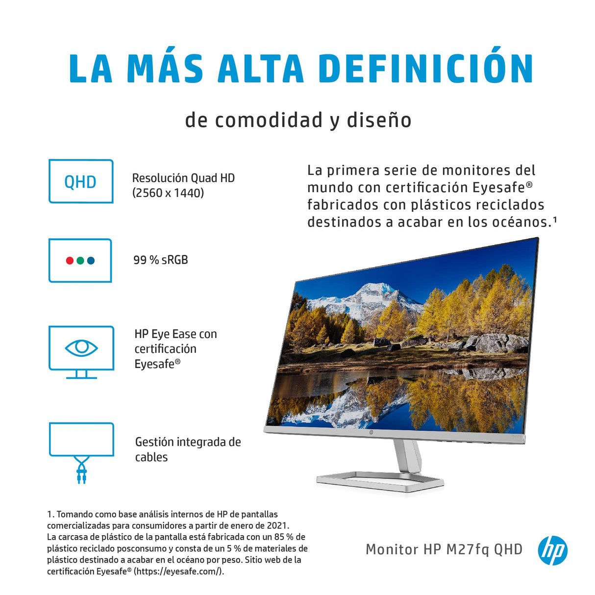 HP M27fq - Monitor de 27" QHD (2560 x 1440, 16:9,75 Hz, 5 ms, VGA, 2 HDMI, Displayport), Plateado