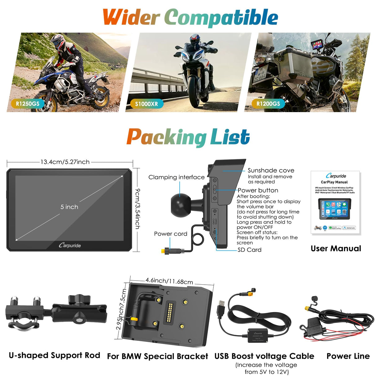 Carpuride W502B - Pantalla GPS 5 Pulgadas para Moto BMW R1200GS/R1250GS/S1000XR, CarPlay y Android Auto Inalámbrico, Pantalla Táctil Impermeable, Bluetooth Dual, Navegación Portátil para Moto