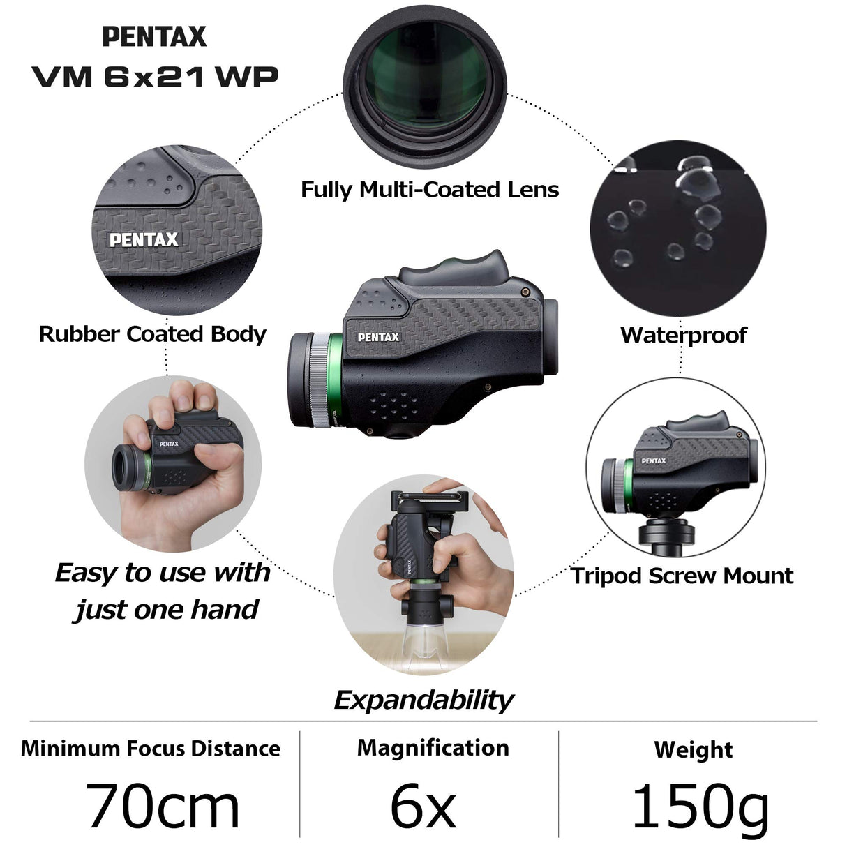 Pentax 63620 Monocular VM 6x21 WP Fácil de Usar con una Sola Mano Visión Brillante y Clara con Alto Contraste y excelente Rendimiento óptico Impermeable hasta 1 m Distancia mínima de Enfoque de 70cm