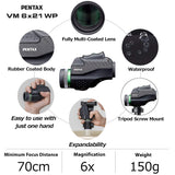 Pentax 63620 Monocular VM 6x21 WP Fácil de Usar con una Sola Mano Visión Brillante y Clara con Alto Contraste y excelente Rendimiento óptico Impermeable hasta 1 m Distancia mínima de Enfoque de 70cm