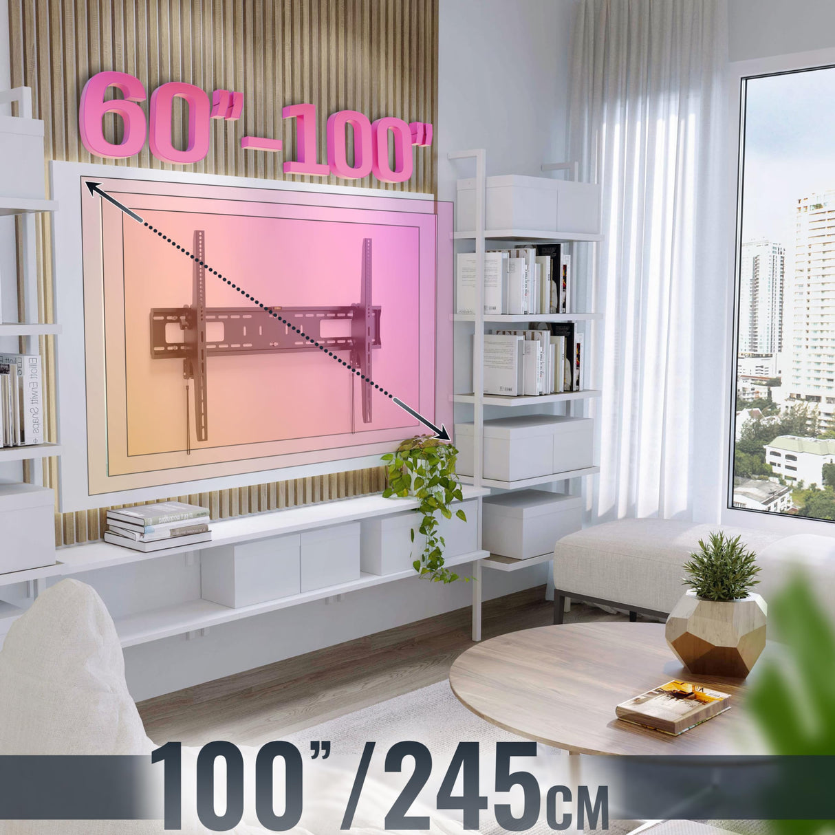 RICOO Soporte TV Pared Inclinable Fijo Extra-Plano Televisión 60-100" (152-254cm) N2396 Universal Televisor LED/LCD/Curvo VESA 300x200-600x400