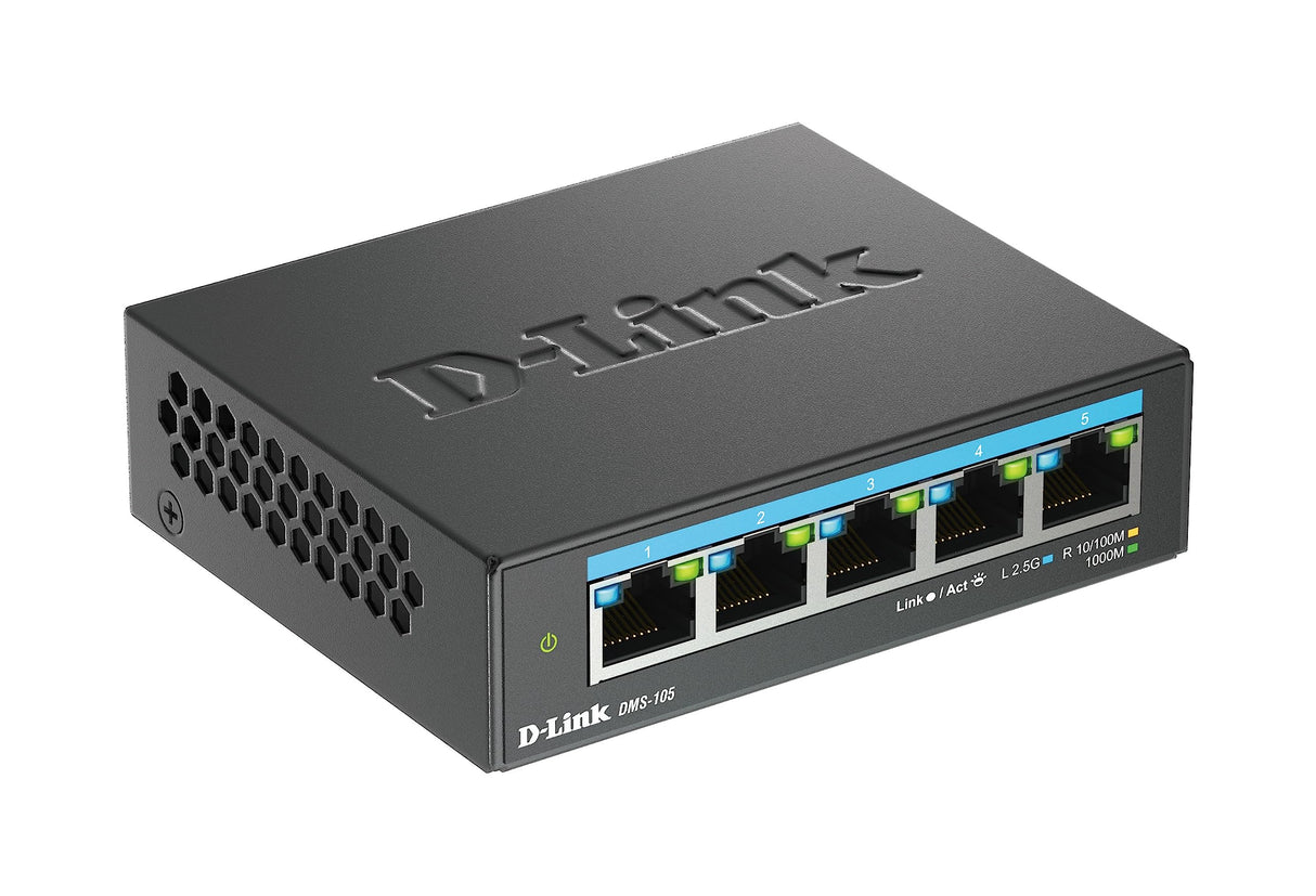 D-Link DMS-105, Switch Multigigabit, sin gestión, sobremesa, 5 Puertos 2.5 Gigabit (2.500 Mbps), Ideal para Enlace a NAS o servidores, metálico, Plug and Play, IGMP Snooping