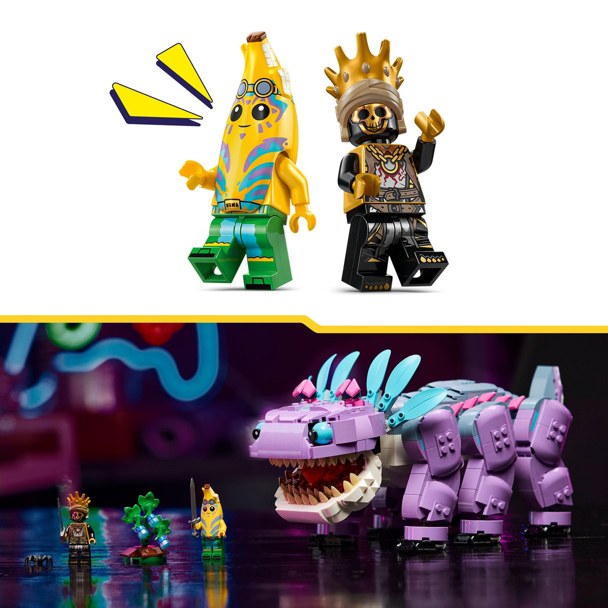 LEGO Fortnite Klombo- Figura de Dinosaurio para Jugar y Exponer - Minifiguras de Banano Aventurero Isleño y Oro - Regalo Gamer para Niños y Niñas de 10+ Años Fans del Videojuego 77077