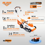 RURIS - Cortacésped inalámbrico RXI3744e - Ancho de Corte 37 cm, Altura 25-75 mm, función 3 en 1 (recolección, expulsión Trasera, Mulching), 2 baterías de Litio de 20 V y 4 Ah y Cargador Doble