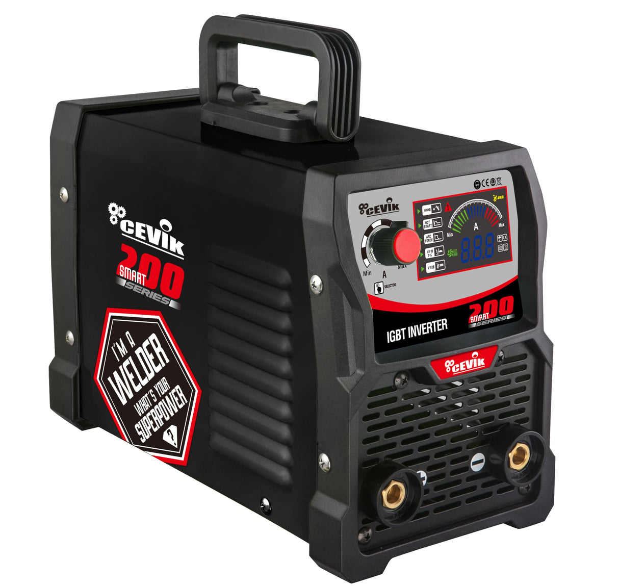 CEVIK PRO CE-SMART200 - Soldador Inverter MMA con Máscara de Soldadura y Portaelectrodo-200A 40% 230V -Electrodos hasta 5mm - Display LED - Conectable a Generador - Máquina Soldar Profesional Portátil