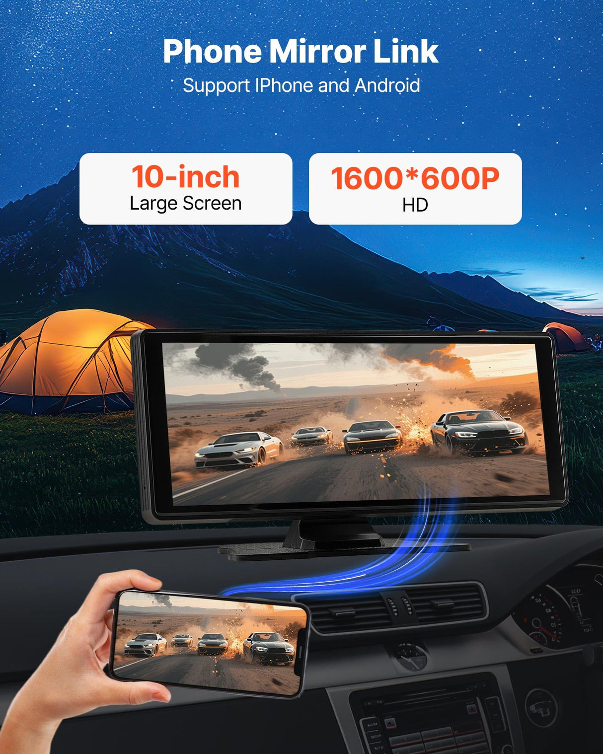 VEVOR Estéreo Inalámbrico HD para Coche, con Pantalla Táctil Compatible con Apple CarPlay y Android Auto, con Control de Voz, Enlace Espejo, Bluetooth, Navegación GPS, 245 x 97 x 30 mm, Negro