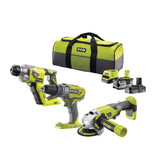 RYOBI 18V ONE+ Trio – Taladro Percutor, Atornillador Impacto y Amoladora Angular – Incluye 3 Herramientas, 2 Baterías y Cargador