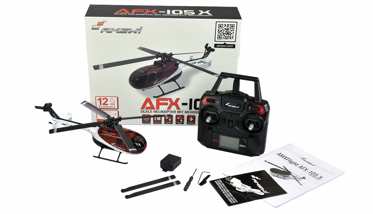 Amewi AFX-105 X Helicóptero 4 Canales 6G RTF Rojo, Blanco y Negro RC Control Remoto