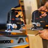 WORX Sierra de calar 20V | Power Share| WX542 Potente motor sin escobillas |1 batería de 2Ah, cargador y maletín | 3 posiciones, penduleo y tubo de aspiración