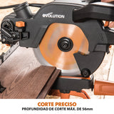 Evolution Sierra ingletadora deslizante de 185 mm (R185SMS+) de Evolution con corte multimaterial; bisel de 45°, inglete de 50°; guía láser. Incluye hoja multiusos