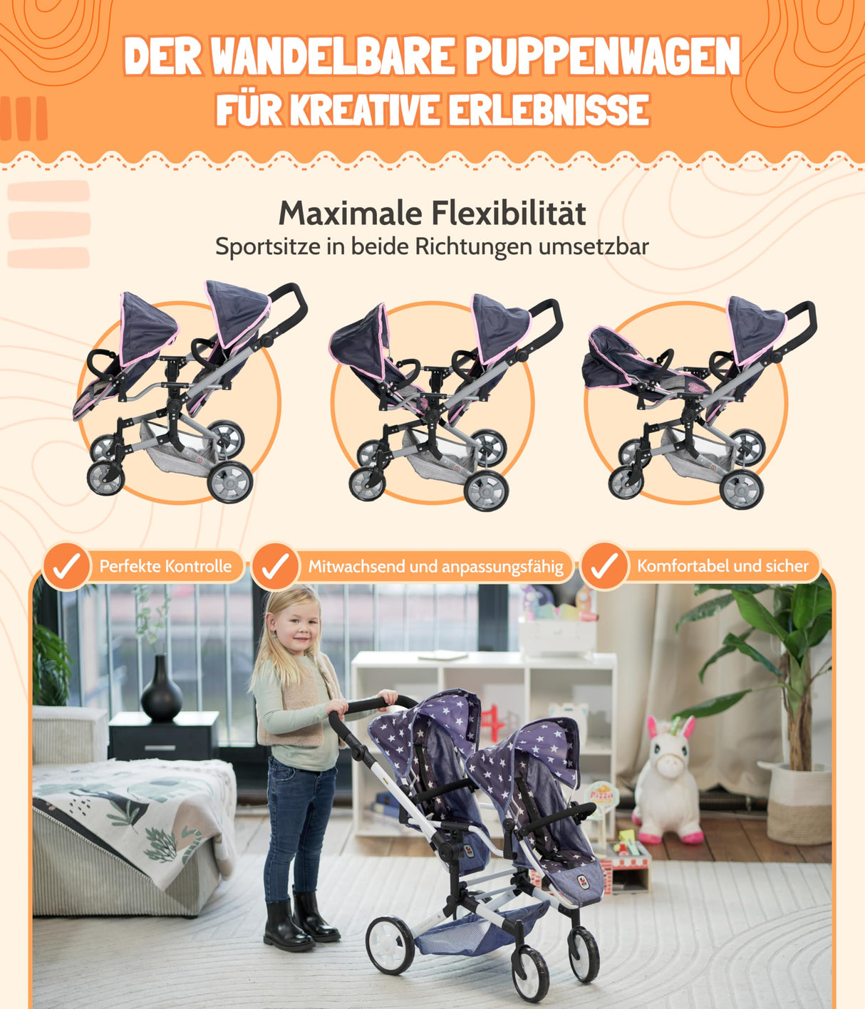 Bayer Chic 2000 - Cochecito para muñecas Linus Duo para niños de 4 a 8 años, Color Rosa Vaquero, 690-62