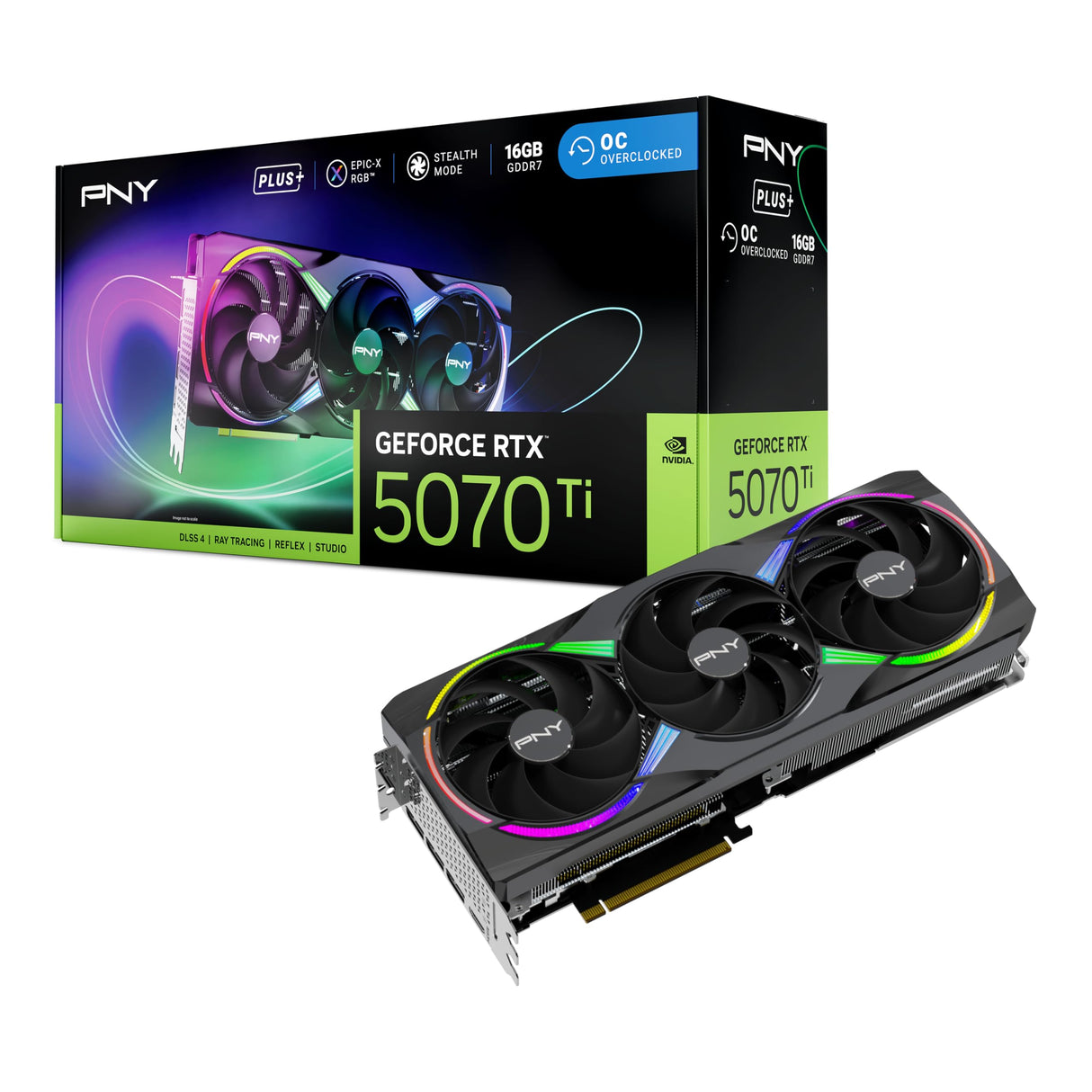 PNY Tarjeta gráfica GEFORCE RTX™ 5070 Ti 16GB ARGB Overclocked Triple Ventilador Plus DLSS 4