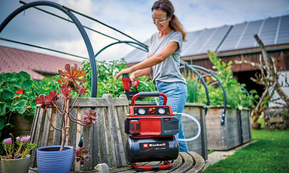 Einhell Compresor con batería TE-AC 18/75 Li OF-Solo Power X-Change (18 V, máx. 8 bar, depósito de 5 l, potencia de aspiración 75 l/min, 2 manómetros, sin aceite, sin batería)