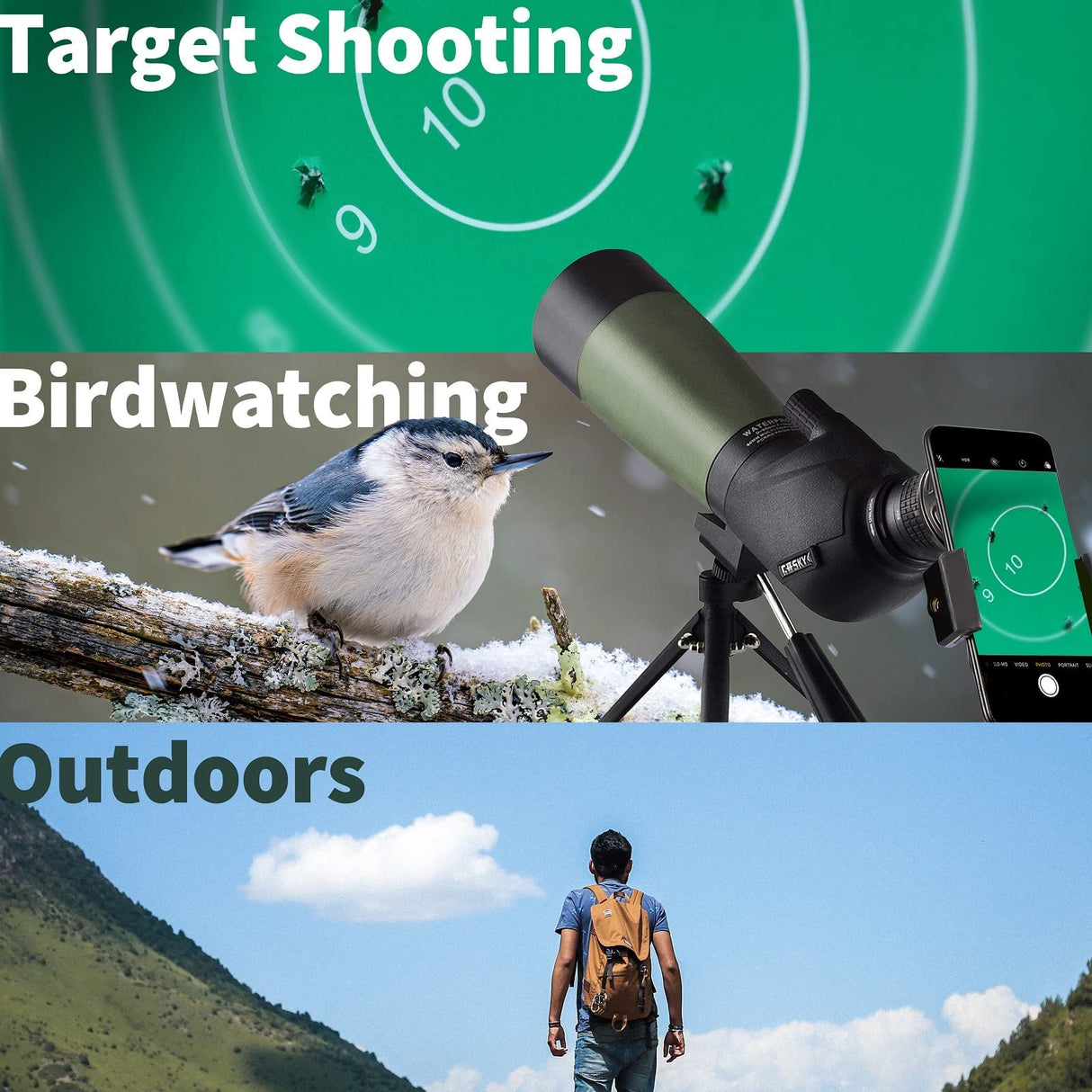 Gosky Telescopio BAK4 de 20-60 x 60 Pulgadas con trípode, Bolsa de Transporte y Adaptador de teléfono de Alcance - Telescopio BAK4 para Tiro al Objetivo, Caza, observación de Aves, paisajes de Vida