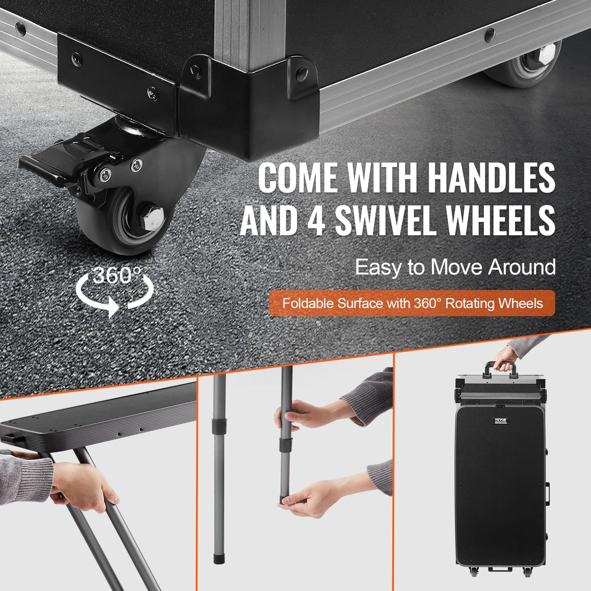VEVOR Estuche de Maquillaje Profesional de Aluminio, Banco de Trabajo con Patas de Apoyo, Estuche de Cosméticos con Ruedas, Carro Organizador de Viaje Grande, con Ruedas Giratorias de 360°, Negro