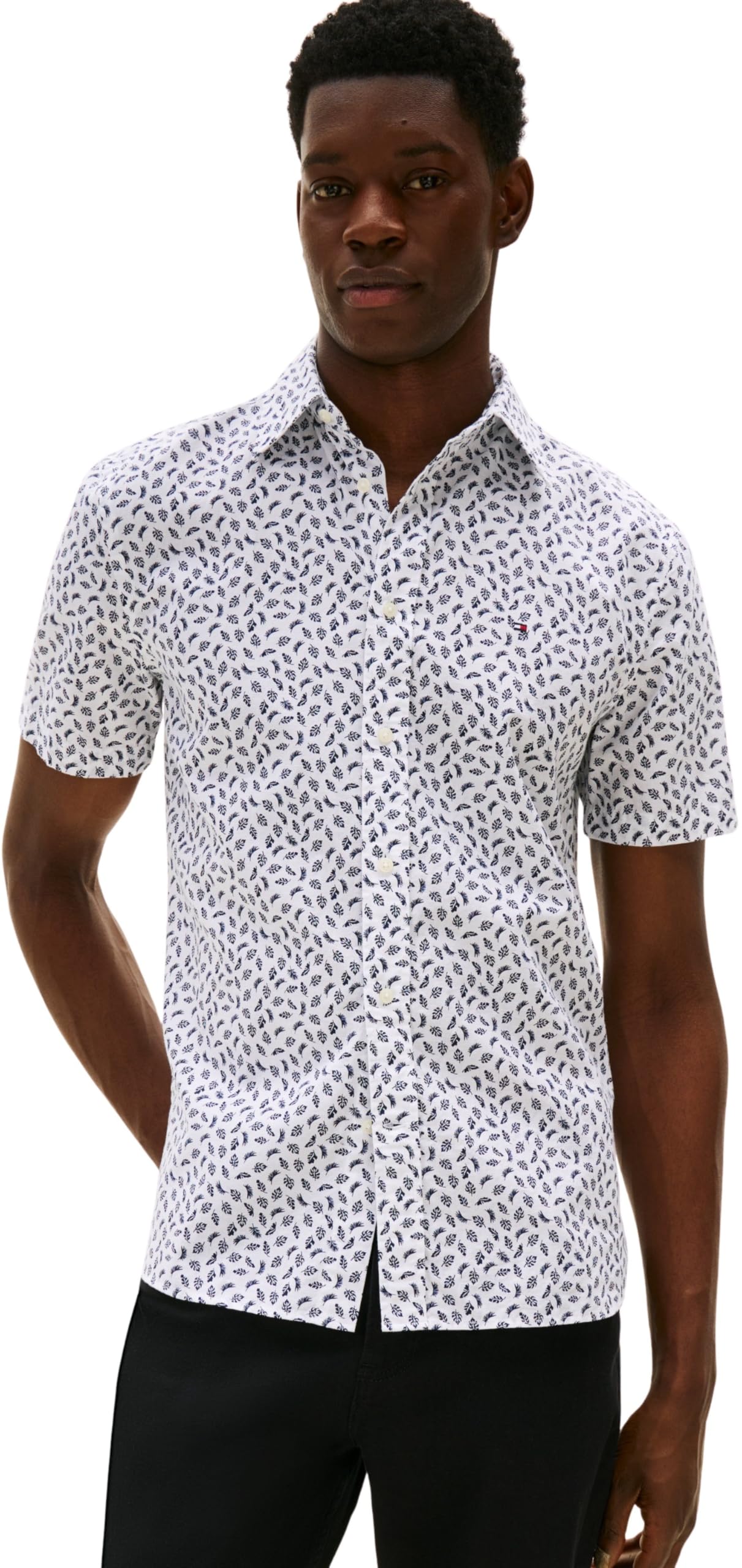 Tommy Hilfiger Camisa Hombre Linen Blend Manga Corta, Multicolor (White/Preppy Navy), M