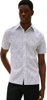 Tommy Hilfiger Camisa Hombre Linen Blend Manga Corta, Multicolor (White/Preppy Navy), M