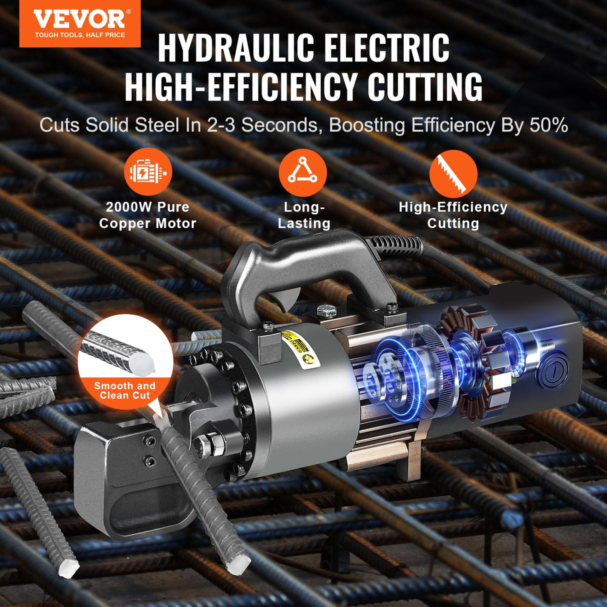 VEVOR Cortadora de Varillas de Refuerzo Hidráulica Eléctrica Portátil de 2000 W, hasta 4 a 25 mm en 3,5 Segundos, Acero de Alta Potencia con Accesorios Ricos en Aceite, Negro, 480 x 130 x 240 mm