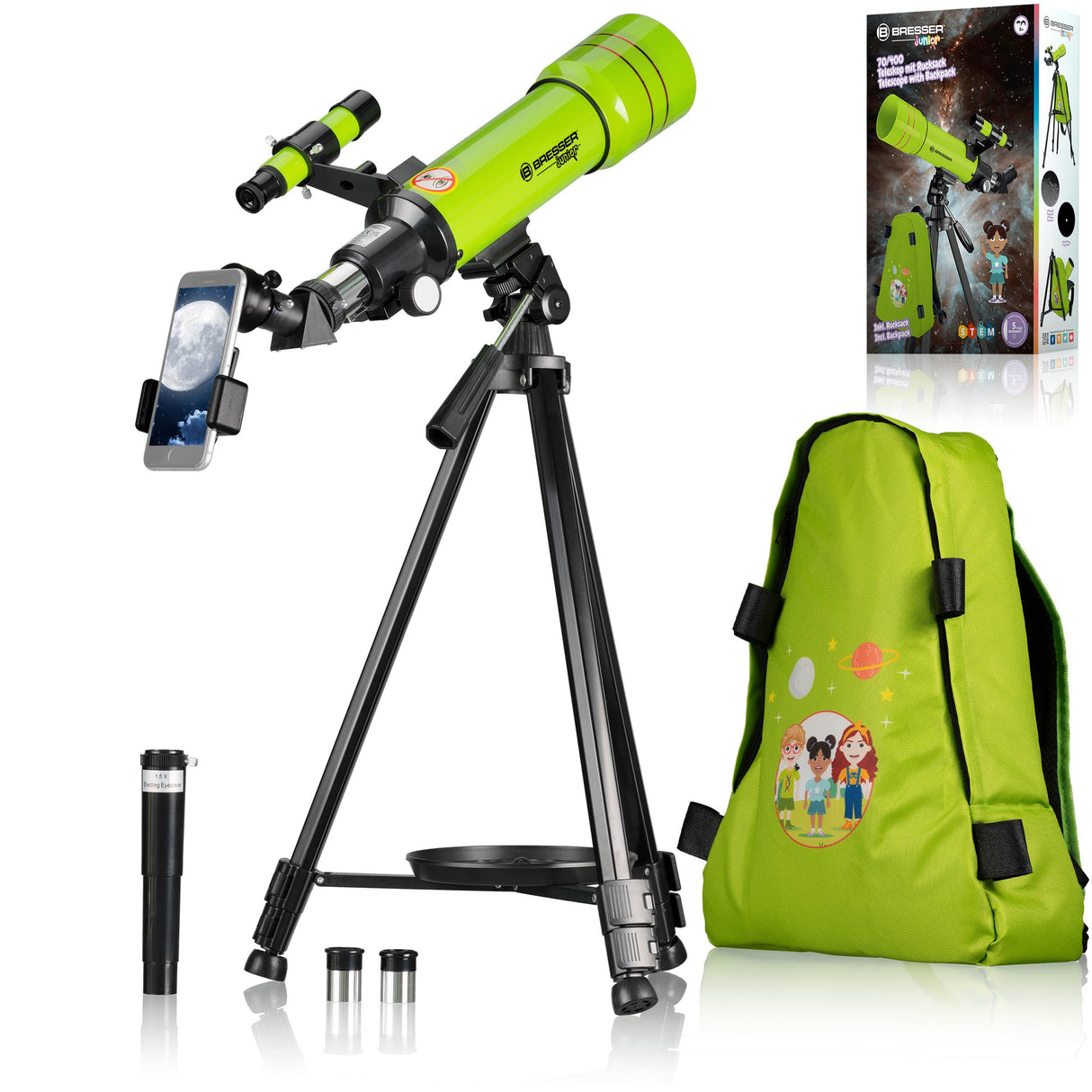 Bresser telescopio astronómico Refractor de Viaje para niños y Principiantes 70/400 Montura AZ con trípode, Adaptador para móvil, Mochila Verde