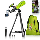 Bresser telescopio astronómico Refractor de Viaje para niños y Principiantes 70/400 Montura AZ con trípode, Adaptador para móvil, Mochila Verde