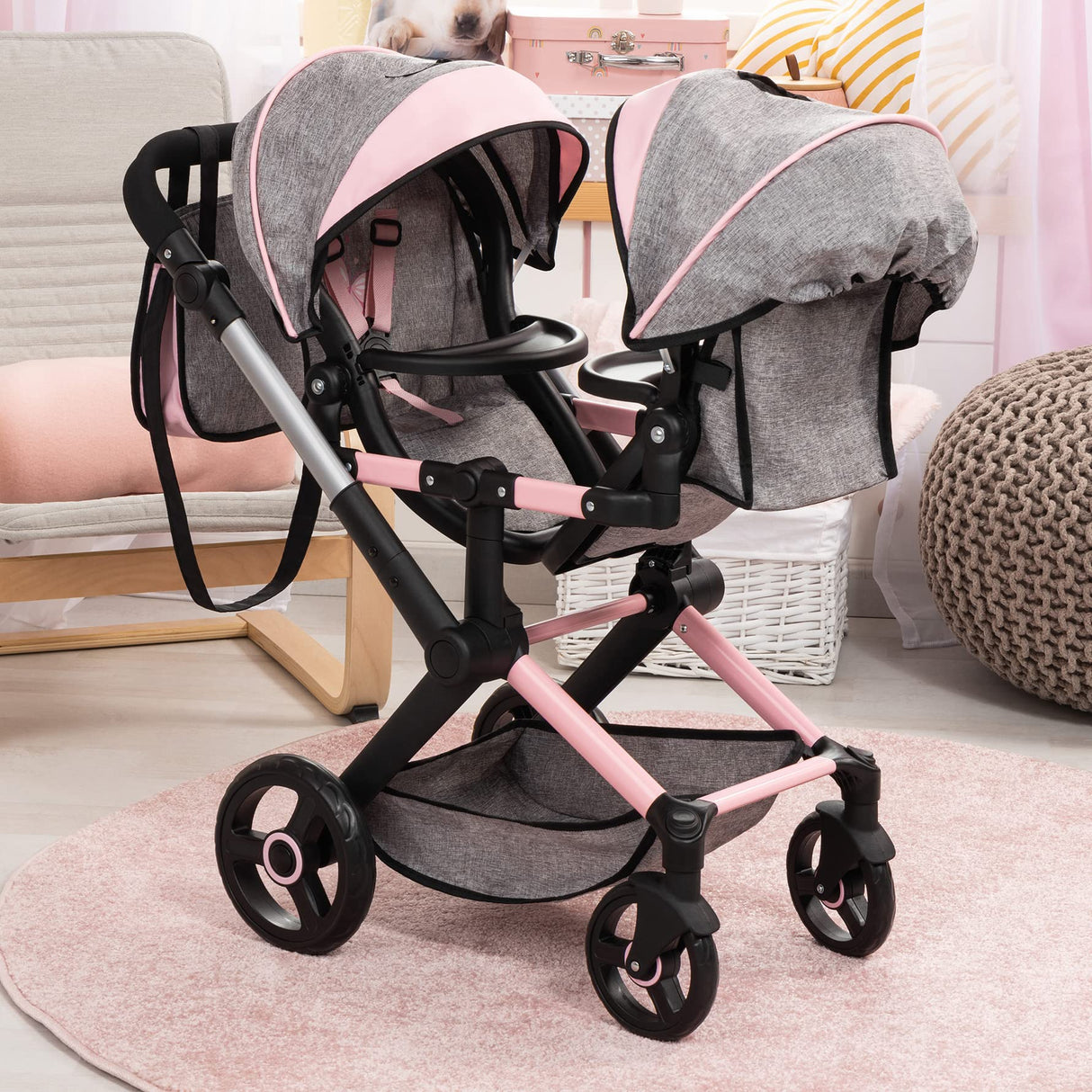 Bayer Design 26733AA Twin Xeo Cochecito de muñeca gemelas, Carrito Doble para muñecos, Altura Regulable, Ruedas Delanteras móviles, Bolsa