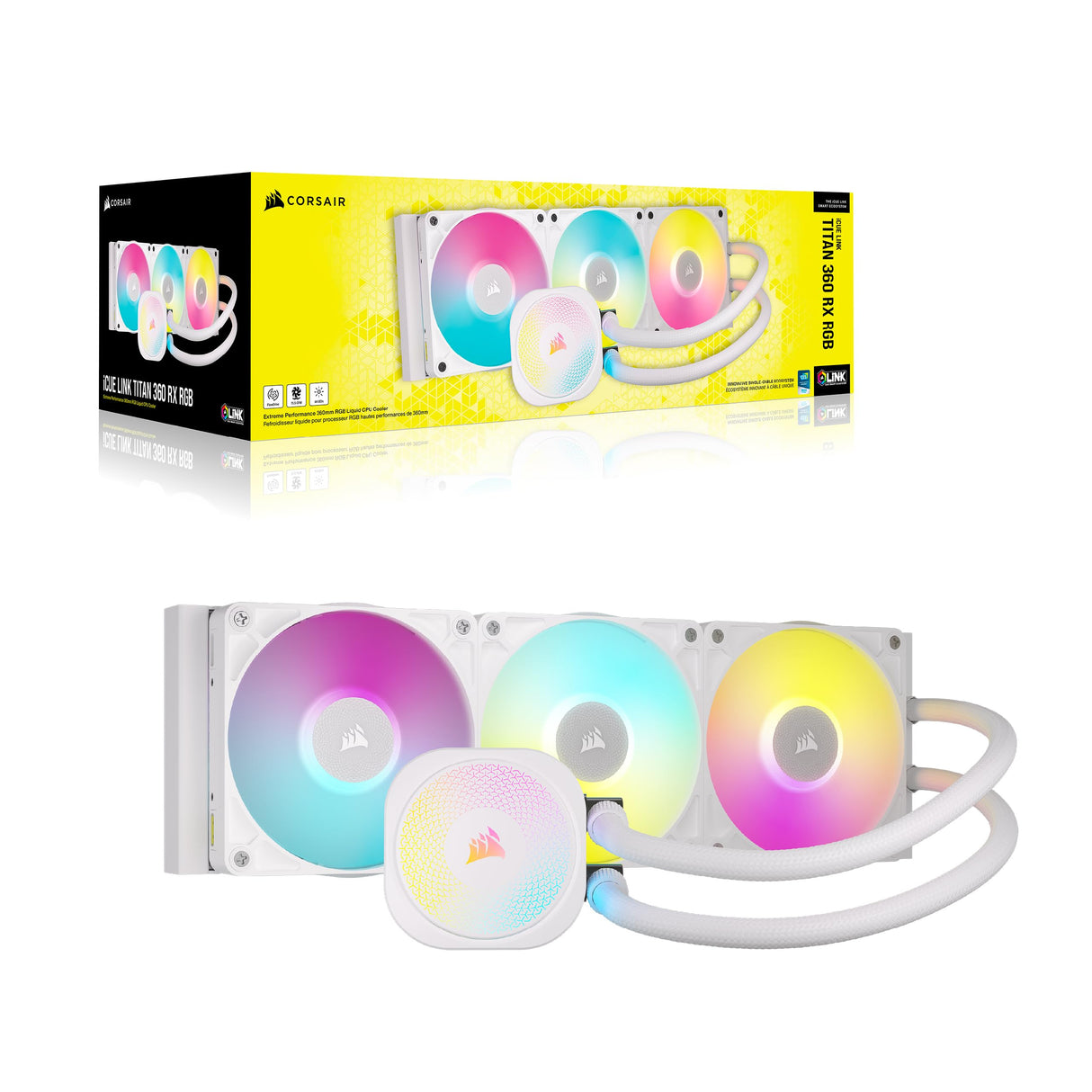 CORSAIR iCUE LINK TITAN 360 RX Refrigerador Líquido RGB Para CPU – 360mm AIO – 3x RX120 Ventiladores RGB Incluidos – Compatible con Intel LGA 1851/1700, AMD AM5/AM4 – Hub iCUE LINK Incluido – Blanco