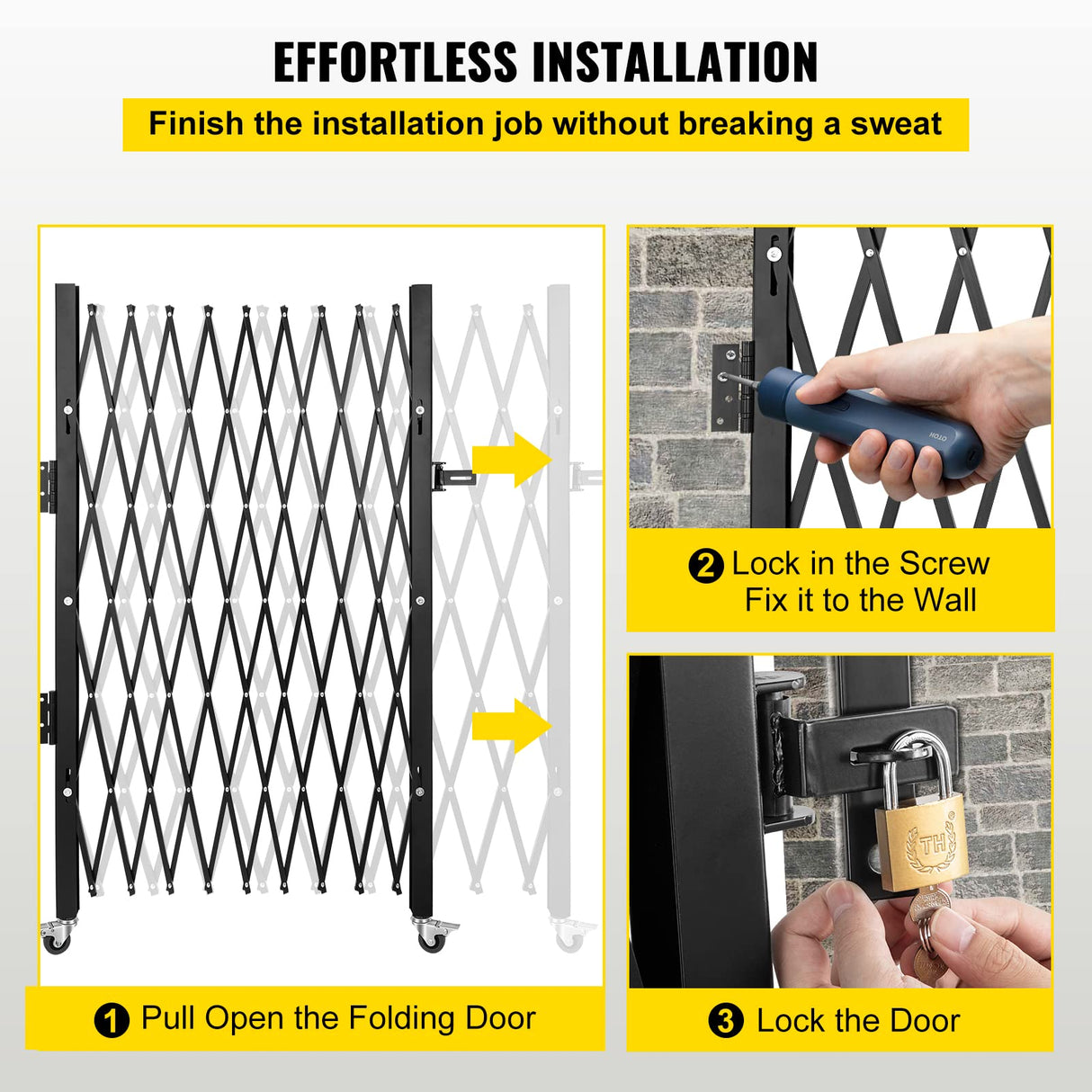 VEVOR Barrera de Seguridad Extensible Plegable Individual 2,4 x 2,16 m Valla de Escalera de Acero Enrollable 360° Puerta de Tijera o Puerta con candado para Garaje del sótano de casa, Negro
